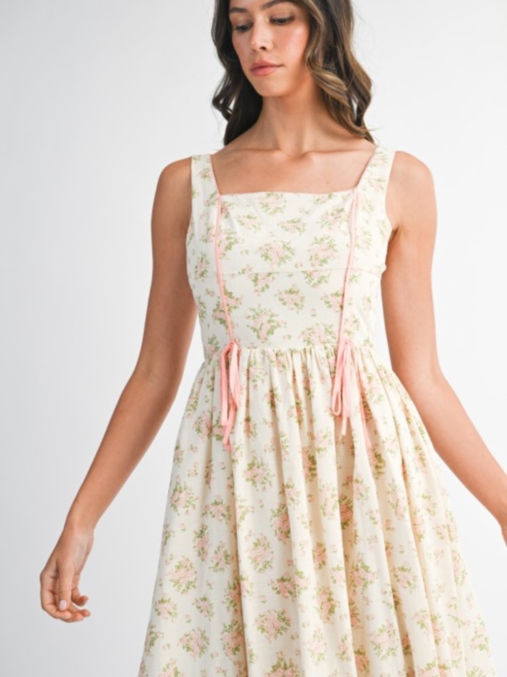 Floral Print Square Neck Contrast Pipinig Dress - Picture 6 of 8